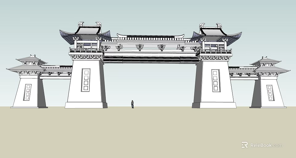 Traditional Chinese Entrance Gate with Classic Eaves Ornate Carvings and Stone Columns 3d model 