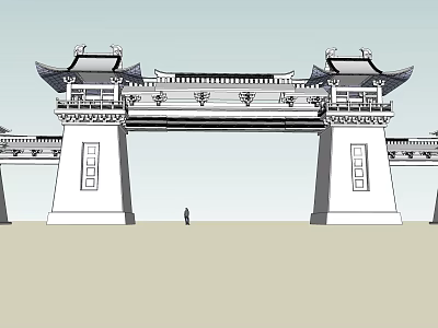 Traditional Chinese Entrance Gate with Classic Eaves Ornate Carvings and Stone Columns 3d model