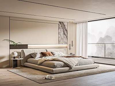 Modern Bedroom Interior With Large Bed Headboard Wall Green Plant Area Rug And Large Window 3d model