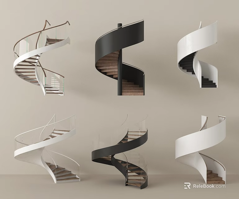 Modern Spiral Staircases With Various Designs Wooden Steps And Glass Railings 3d model 