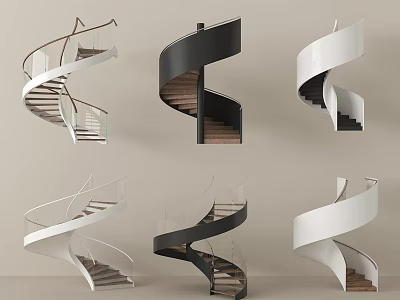 Modern Spiral Staircases With Various Designs Wooden Steps And Glass Railings 3d model