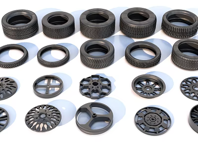 Various Car Tires and Wheels Featuring Different Rim Designs Displayed 3d model