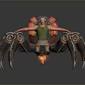Game and Movie Character Riding Futuristic Mechanical Spider With Red Lights and Flaming Weapon
