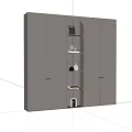 Gray Decorative Cabinet With Multiple Doors And Open Shelves Holding Items