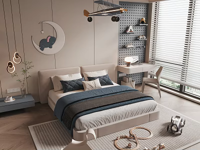 Kids Bedroom Interior Featuring Moon Elephant Decor Airplane Pendant Light Perforated Shelves Desk Chair And Toys 3d model
