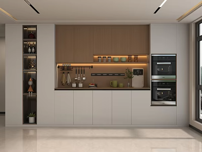 Modern Wooden White Sideboard With LED Lighting Tableware Cups And Potted Plant 3d model