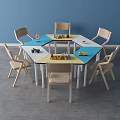 Kids Hexagonal Table and Chair Set With Colorful Tabletop and Six Chairs
