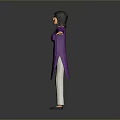 3D Rendered Woman In Purple Dress And White Pants With Arms Outstretched On Gray Background