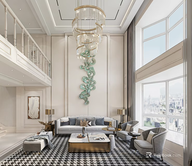 Double Height Living Room Interior With Chandelier Green Wall Art Gray Sofa And Large Windows 3d model 