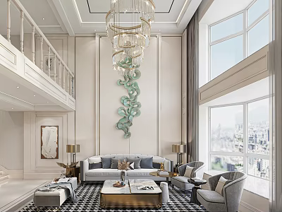 Double Height Living Room Interior With Chandelier Green Wall Art Gray Sofa And Large Windows 3d model