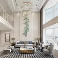 Double Height Living Room Interior With Chandelier Green Wall Art Gray Sofa And Large Windows