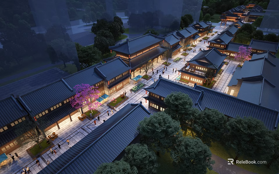Traditional Chinese Commercial Street with Ancient Architecture Trees Illuminated Lights and Pedestrians 3d model 