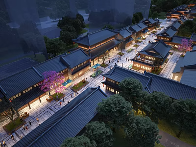 Traditional Chinese Commercial Street with Ancient Architecture Trees Illuminated Lights and Pedestrians 3d model