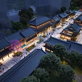 Traditional Chinese Commercial Street with Ancient Architecture Trees Illuminated Lights and Pedestrians