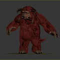 Game Movie Character Red Furry Monster With Horns And Tusks Standing On Green Grass