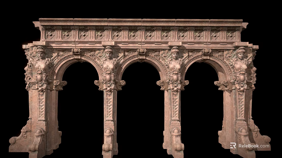 Ornate Classic Stone Carved Architectural Element With Arches Columns And Sculptures 3d model 