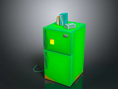 Green Double Door Refrigerator With Boxes And Cans On Top Surface 3d model