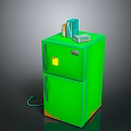 Green Double Door Refrigerator With Boxes And Cans On Top Surface