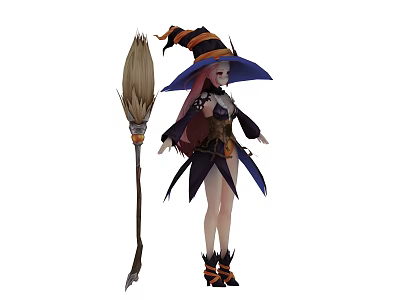 Game And Movie Witch Character With Large Purple Hat Broomstick And Dark Outfit 3d model