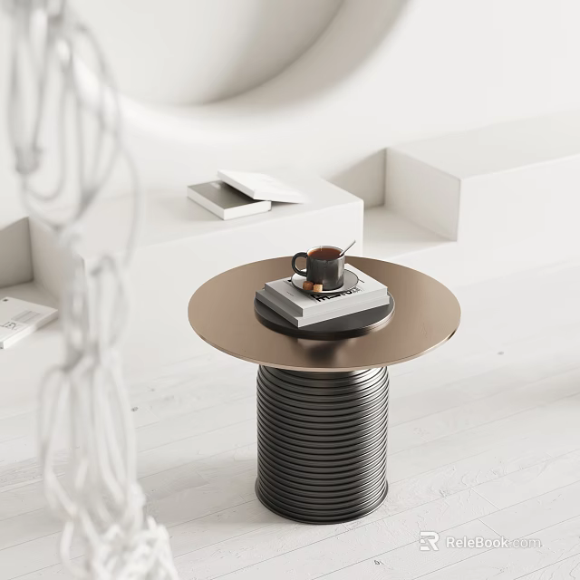 Modern Minimalist Round Side Table With Textured Base And Coffee Cup On Top 3d model