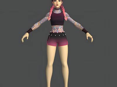 Game Movie Character With Pink Pigtails And Tattooed Sleeves In Purple Top And Studded Shorts 3d model