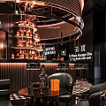 Modern Luxurious Bar Interior With Circular Wine Racks Sculpture Leather Seats And Elegant Lighting