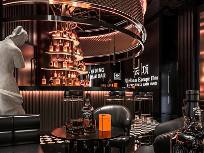 Modern Luxurious Bar Interior With Circular Wine Racks Sculpture Leather Seats And Elegant Lighting 3d model