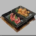 Raw Beef and Yellow Chicken on Black Square Plates with Wooden Tray and Green Leaves