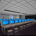 School Modern Classroom Featuring Rows of Computers Student Desks and Blackboard Setup 3d model