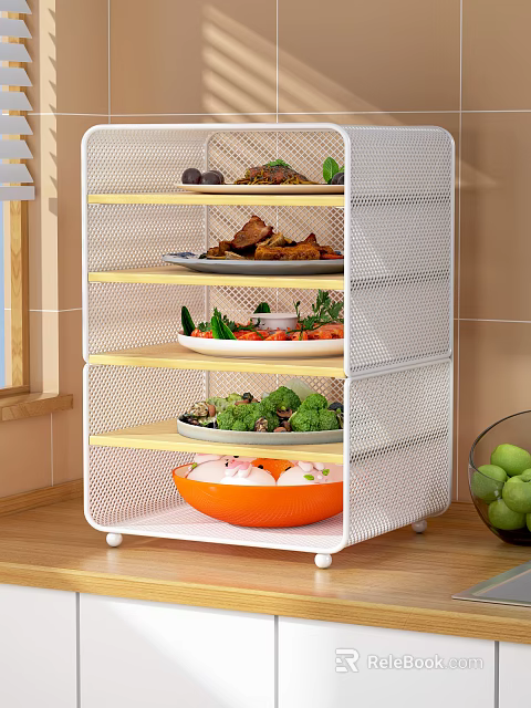 Various Foods On Multi Layer Metal Shelf Including Meat Vegetables Salad And Fresh Fruits 3d model 