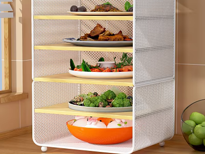 Various Foods On Multi Layer Metal Shelf Including Meat Vegetables Salad And Fresh Fruits 3d model