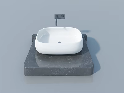 White Square Bathroom Sink On Black Marble Countertop With Silver Faucet 3d model