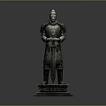 Ancient Terracotta Warrior Statue With Armor Standing On Pedestal Holding Sword
