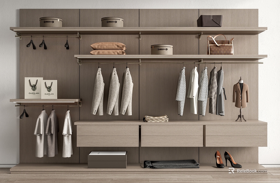 Modern Wooden Closet Interior With Hanging Clothes Shelves Drawers Storage Boxes And Handbag 3d model 