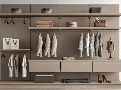Modern Wooden Closet Interior With Hanging Clothes Shelves Drawers Storage Boxes And Handbag 3d model