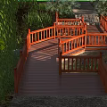 Red Wooden Bridge With Green Willow Trees Over Calm Pond Water