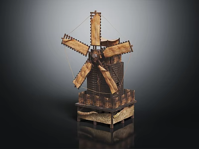 Handcrafted Vintage Wooden Windmill Model With Detailed Blades And Sturdy Base 3d model