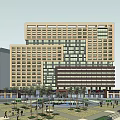 Modern Commercial Complex With Glass Curtain Walls Palm Trees Plaza Pedestrians And Retail Shops