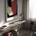 Modern Bedroom Interior With Large Abstract Painting Bed Pillows Curtains And Wooden Floor
