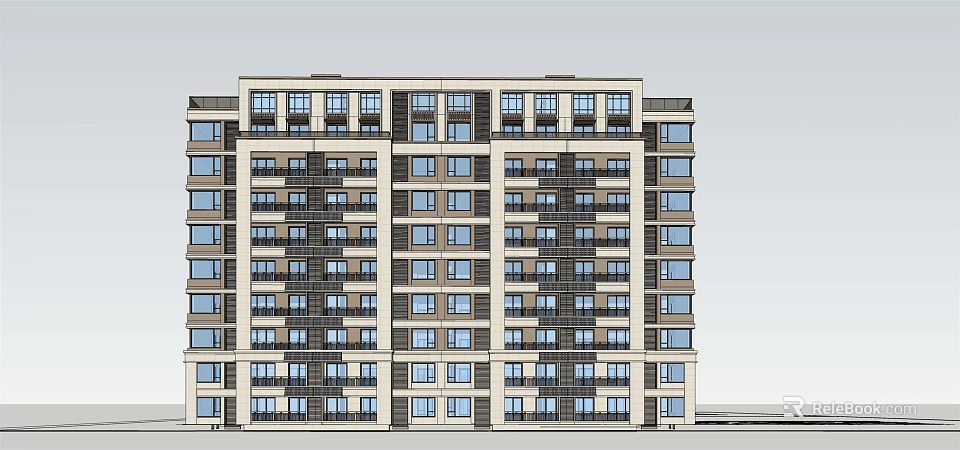 Modern Multi storey Residential Building Facade With Regular Windows And Balconies 3d model