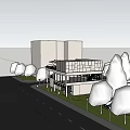 Modern Building Exterior View With Water Pool Flying Birds And Green Trees