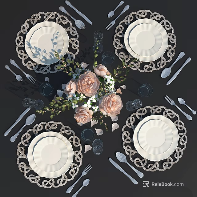 Elegant Tableware Set With White Plates Woven Placemats Pink Floral Arrangement And Cutlery Glassware 3d model 
