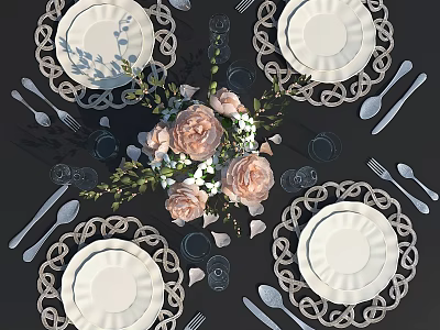 Elegant Tableware Set With White Plates Woven Placemats Pink Floral Arrangement And Cutlery Glassware 3d model