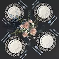Elegant Tableware Set With White Plates Woven Placemats Pink Floral Arrangement And Cutlery Glassware
