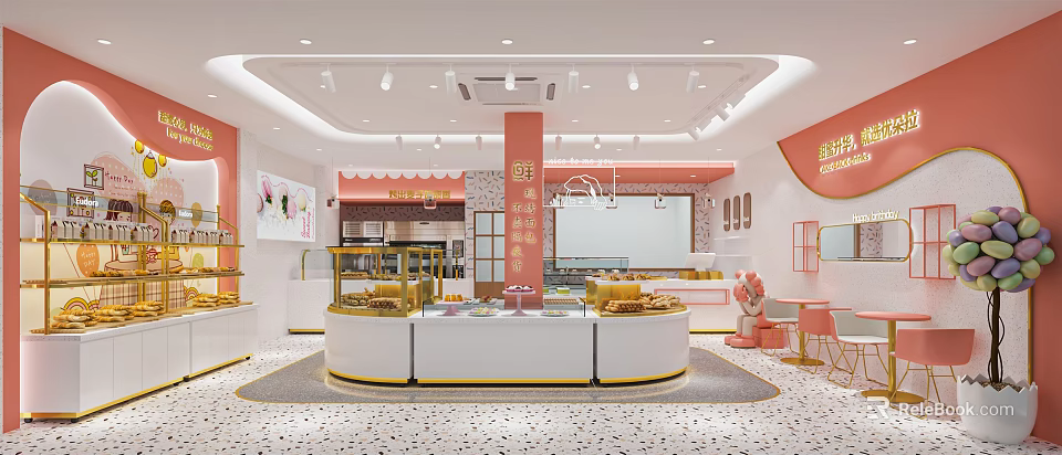 Cozy Dessert Shop Interior With Open Display Counters Seating Area And Warm Decor 3d model