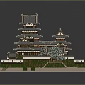 Ancient Architecture Traditional Multi Tiered Tower With Gray Tiles Wooden Frames And Green Walls