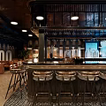 Modern Bar Interior Design With Ambient Lighting Wooden Furniture And Green Plants