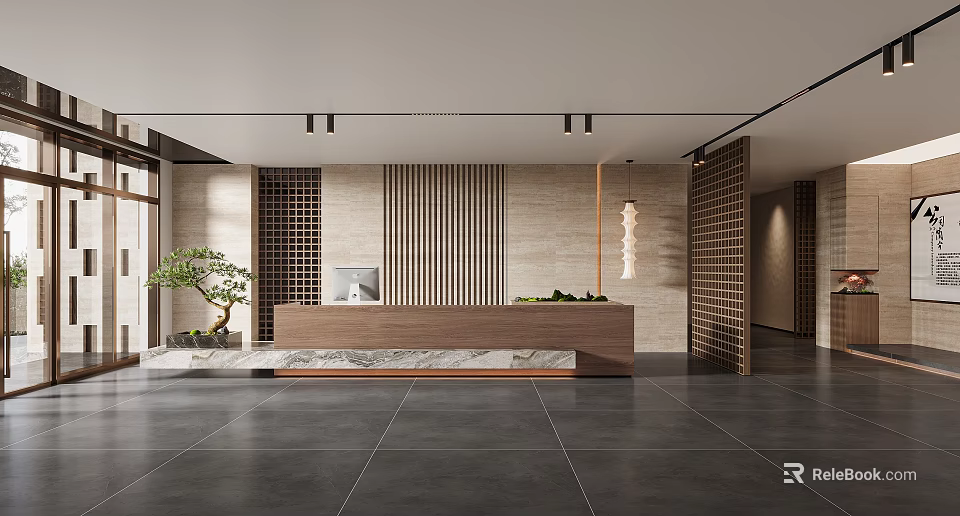Modern Front Desk Reception Interior With Wooden Counter Vertical Striped Backdrop Green Plant And Lighting 3d model 