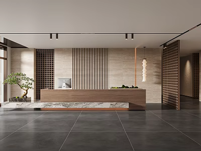 Modern Front Desk Reception Interior With Wooden Counter Vertical Striped Backdrop Green Plant And Lighting 3d model