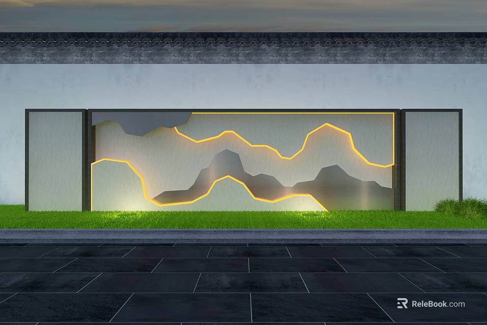 Modern Chinese Garden Landscape With Lighted Mountain Pattern Green Grass And Stone Pavement 3d model 